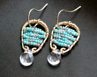 Aqua blue drop earrings, seed bead, wire wrapped, 14k gold filled, beaded, Czech glass, turquoise, dangle, quartz, Mimi Michele Jewelry