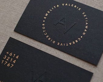 200 Business Cards - gold foil and blind embossed - 14PT black matte stock - custom printed