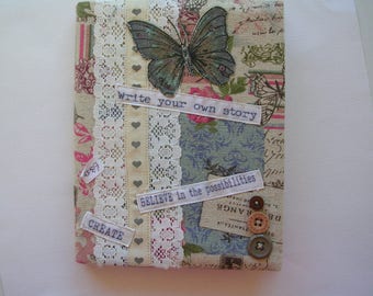 Shabby Chic vintage style linen fabric covered notebook, blank journal