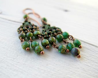 Green Patina Chandelier Earrings, Long Bohemian Chandelier Dangles, Czech Picasso Glass Jewellery, Boho Chic Festival Fashion