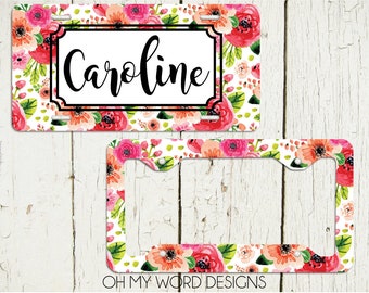 Personalized License Plate-Personalized License Plate Frame-Watercolor Flowers Car Tag-Car Tag Frame-License Plate Frame-Flowers Car Tag