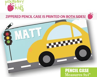 Kids PERSONALIZED Cars Transportation Trucks Zippered Fabric Pencil Case w Zipper Holder Cute Taxi Cab Car Boys Cars Back to School Gear