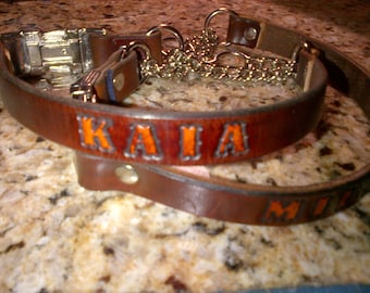 Extra Large Leather Martingale Dog Collar with Snap Buckle and Name