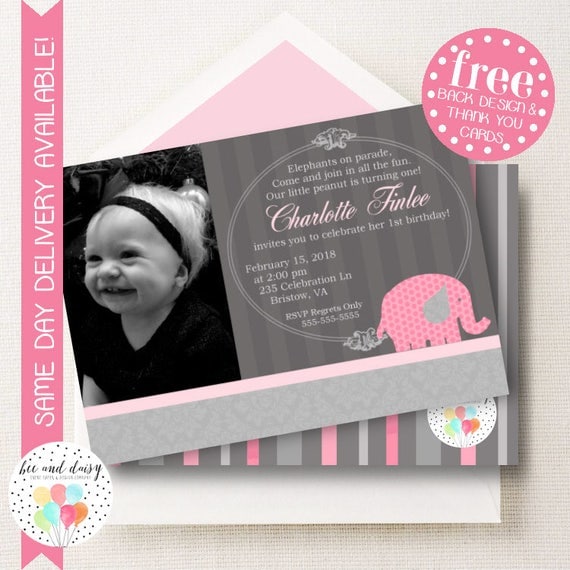 Pink Elephant Invitation, Elephant Birthday Invitation, Elephant Party, Girl First Birthday, Girl Birthday, Elephant Invite, Photo Invite Il_570xn