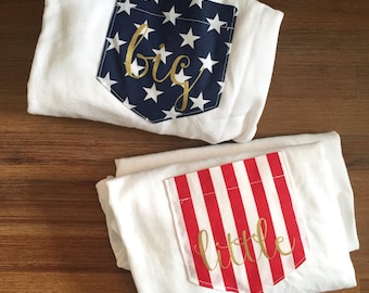 New American Flag Stars & Stripe Gold Ink Pocket Tee T-shirt Set of 2 // Big Little Shirts // S-2XL