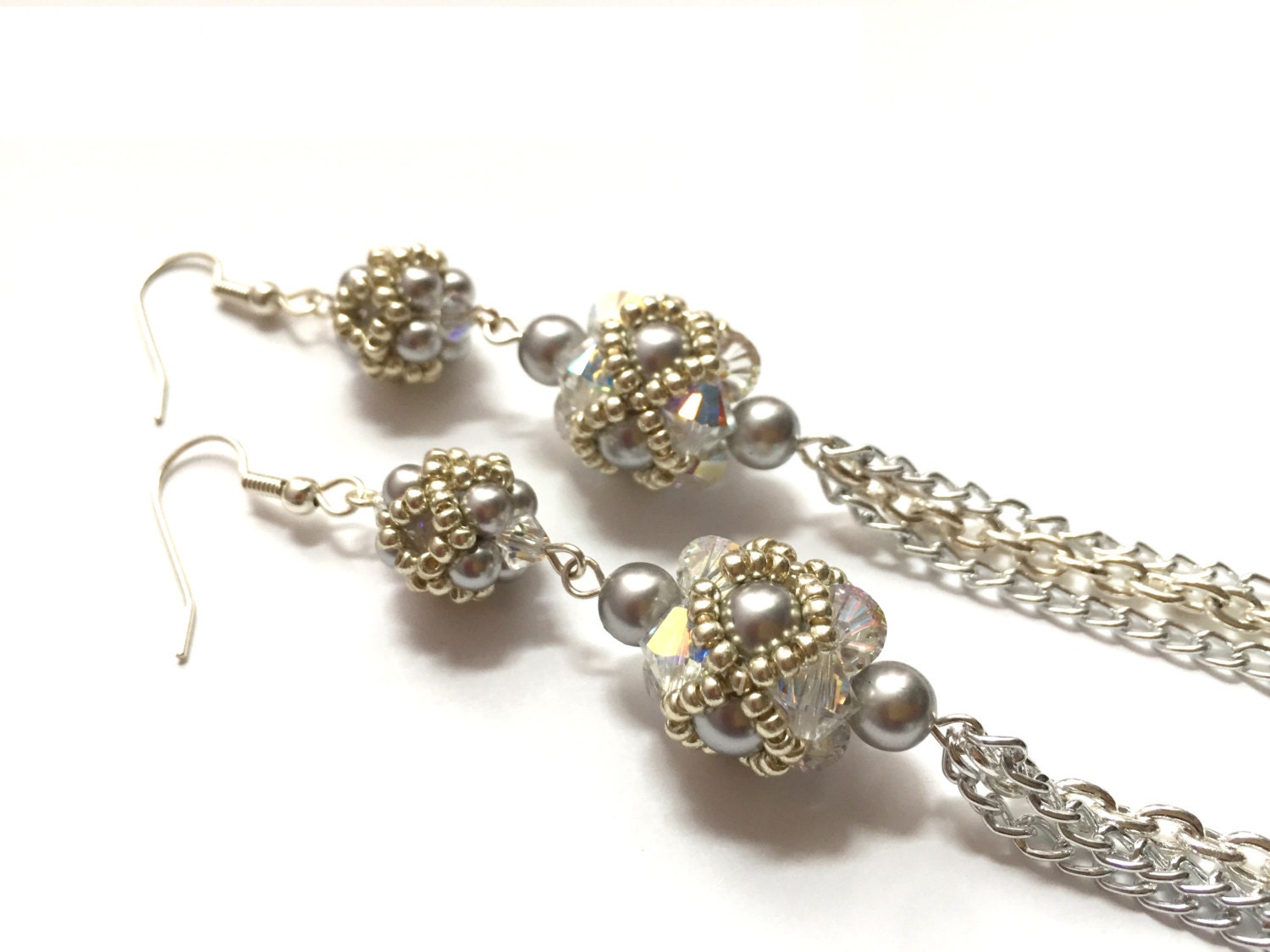 Beaded Bead Tassel Earrings in Silver Beaded Earrings