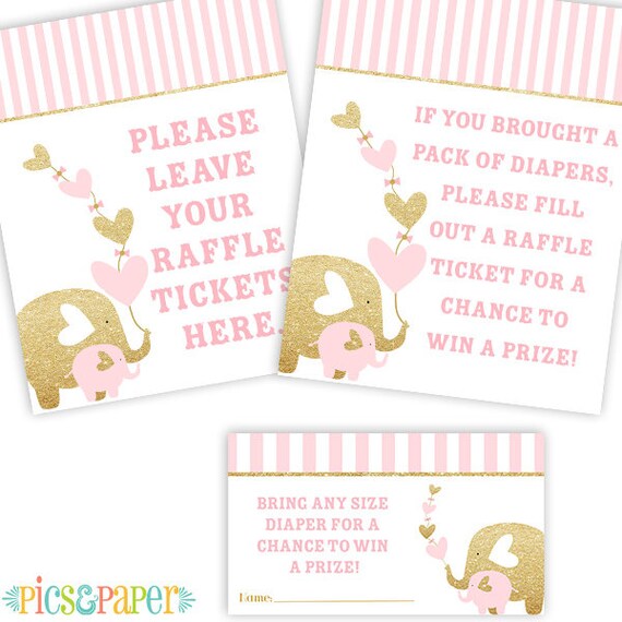 Pink and Gold Elephant Diaper Raffle Tickets with Matching