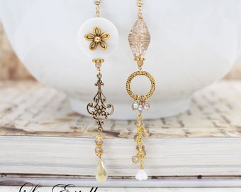 Champagne Gold earrings Mother of Pearl earrings Asymmetrical Earrings Floral earrings Mismatched earrings Christmas earrings - Winter Magic