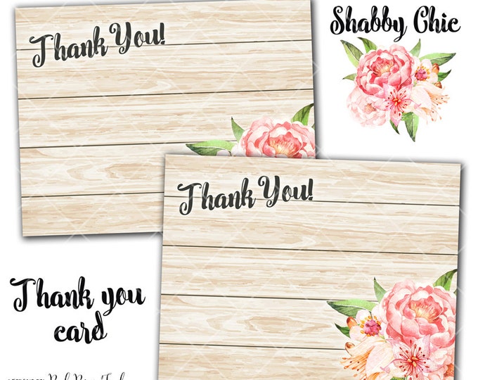 Shabby Chic v.5 Thank You Card, Rustic Pink and Peach Peonies, Instant Download, Print Your Own