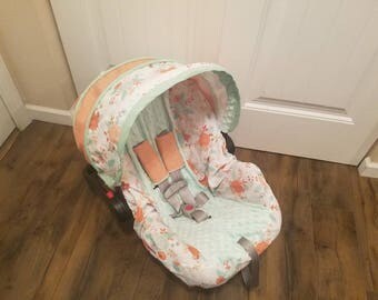 Baby Car Seat Cover Floral with mint minky infant car seat cover / Girl car seat cover/ floral slipcover - custom order - free strap covers