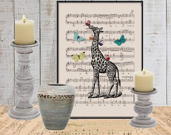 Giraffe wall decor art print Butterfly COUPON Nursery decor Dictionary art print Wall decor Sheet music print Digital art print No. 238