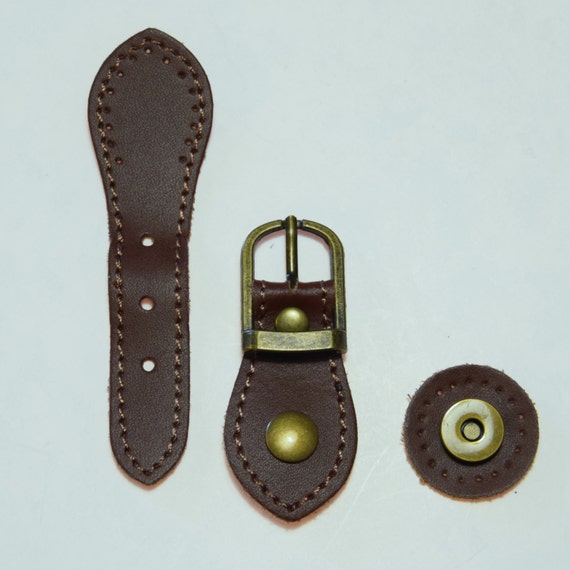 Leather Bag Buckle with MAGNETIC CLASP Brown Brass