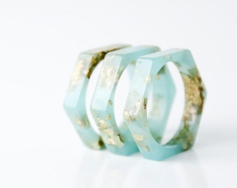 size 7.5 thin hexagonal eco resin ring | sea glass green with metallic gold leaf flakes