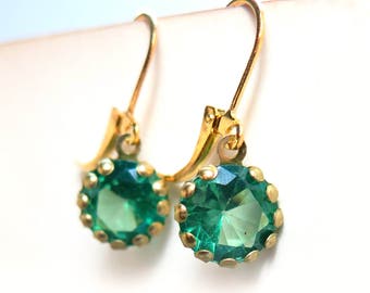 Green Rhinestone Dangle Gold French Clip Earrings - 5 Colors