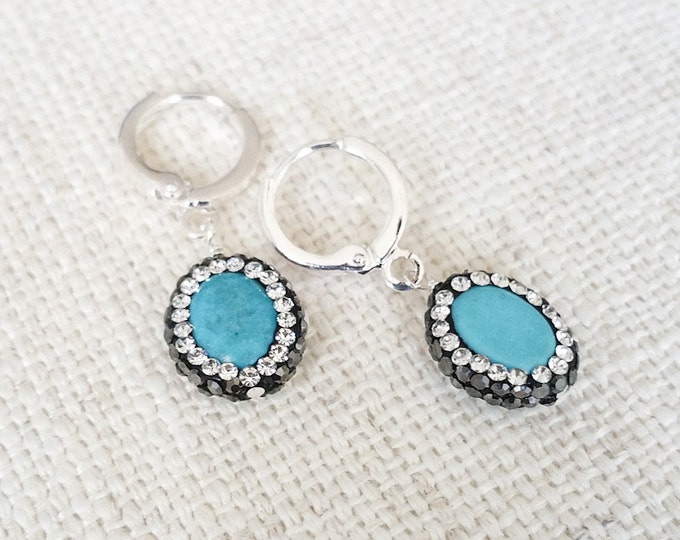 Turquoise Earrings, Crystal Turquoise Earrings, Silver Crystal Turquoise Earrings, Silver Turquoise Earrings, Turquoise Crystal Earrings
