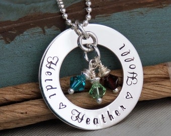 Hand Stamped Mommy Necklace - Personalized Jewelry - Sterling Silver Necklace - Family Circle of Love with birthstones