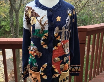 vintage Halloween Sweater, blue decorated womans cardigan, sweater with trick or treat, teacher fun Halloween seasonal top