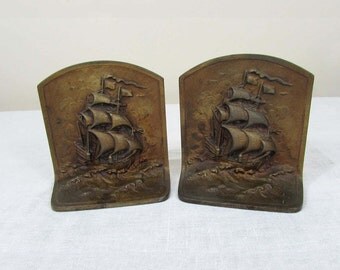 Cast Iron Ship Bookends - Bronze finish Sailing Ship - Nautical - heavy bookends - c 40s