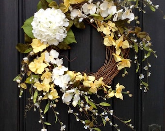 Spring Wreath- Summer Wreath- Grapevine Door Wreath Decor Yellow White Wispy Branches Floral Door Decoration Indoor Outdoor Decor
