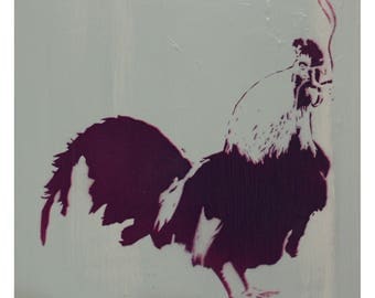 Chicken Painting Cock Art 10 x 10 THE COCKSMOKER Rooster Art Audubon Stencil Art Farm Chic Cottage Chic Spray Paint Acrylic Original Artwork