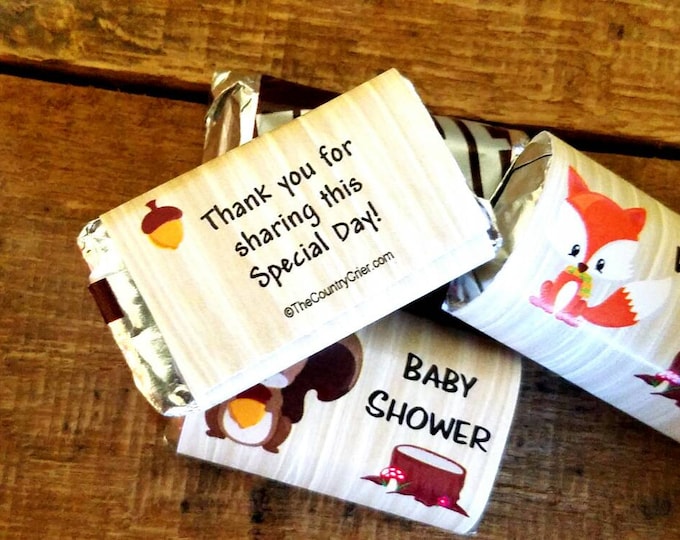 Forest Friends Woodland Theme Animals Baby Shower Party Favors Wrappers -no stickers - Fox Deer Squirrel Mini Chocolate Candy Bar Wraps