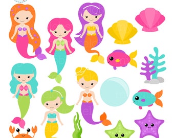 Colorful Mermaids Clipart Set - clip art set of mermaids, sea creatures, cute mermaid - personal use, small commercial use, instant download