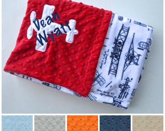 Monogrammed Baby Blanket - Minky Vintage Airplane Baby Blanket - Navy Blue and White Plane blanket with name, Personalized Gift Newborn