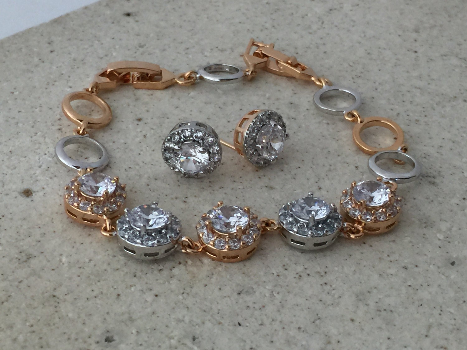 Gold and silver crystal bracelet and earrings set