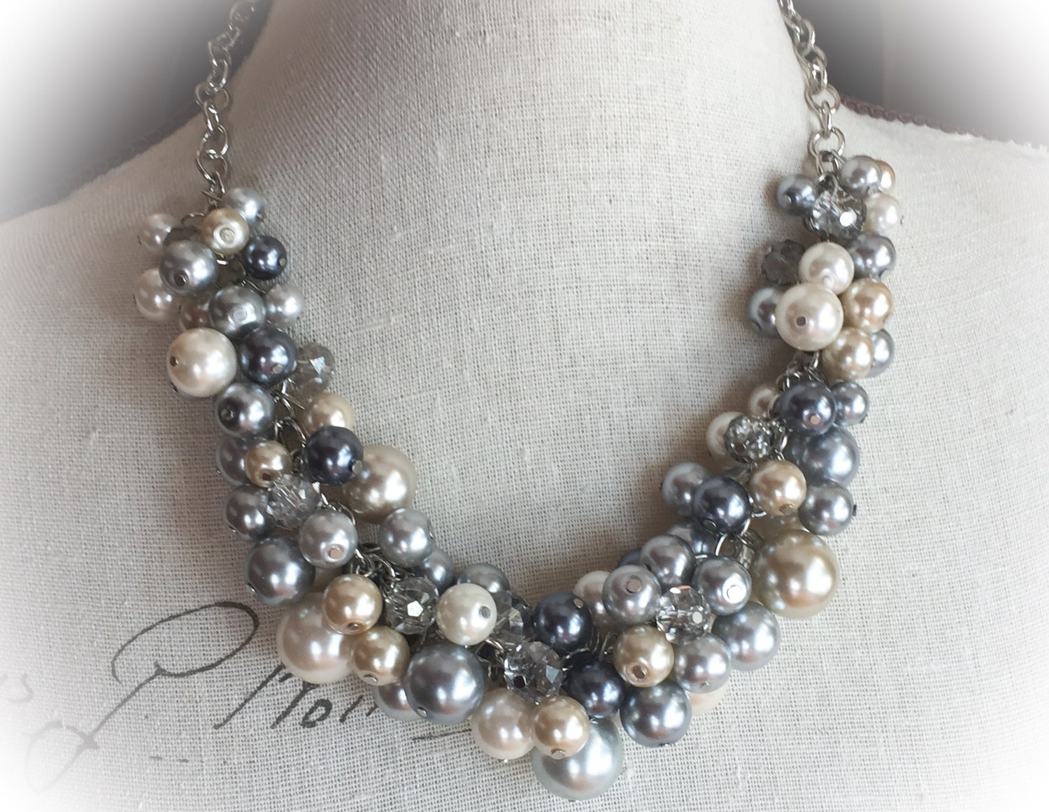Grey champagne ivory together in this cluster pearl necklace- bridesmaid jewelry