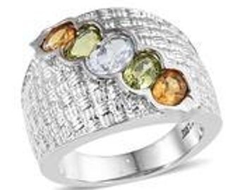 Sky Blue Topaz (Ovl 0.90 Ct), Hebei Peridot, Brazilian Citrine 5 Stone Ring in Stainless Steel (Size 6.0) TGW 2.600 cts