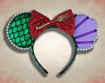 The Original Mermaid Princess Mouse Ear Headband with Fork & Bow