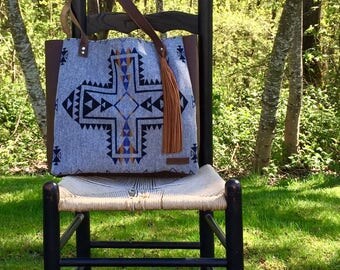 Large Tote Bag // Rustic Mission Cross Pendleton Wool Oiled Leather with Tassel // Rosebud Originals