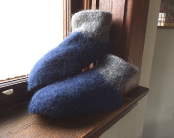 Wool Felted Slippers, Navy Blue with Grey Cuffs, Men's Size 8.5-9.0