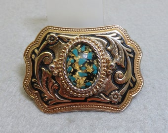Women's Western Belt Buckle, Mint Condition, Small Size, Gold Flakes and Turquoise