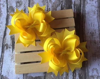 Set of two yellow pigtail hair bows , yellow hair bows , pigtail hair bows, hair bows for girls