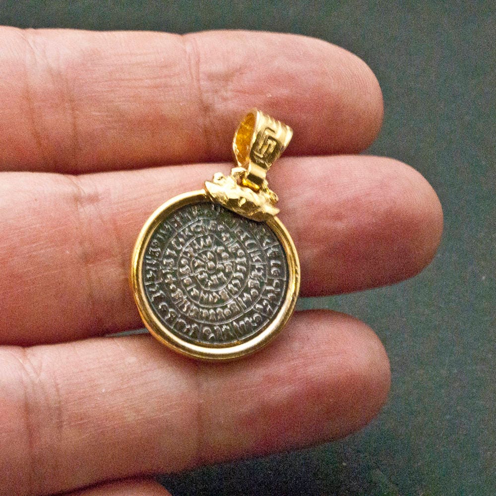 Phaistos Disc Greek Necklace, Gold and Sterling Silver Ancient Minoan ...