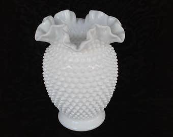 Vintage Hobnail Milk Glass Large Vase with Double Ruffle - Made by Fenton