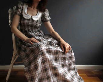 70s Ivory Brown Plaid Seersucker Smocked Maxi Dolly Dress Boho Small Petite Stanger Things Dress