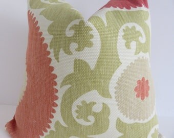 Suzani Pillow Cover- Green Coral Pillow- Suzani Decorative pillow- Green Pillow - Suzani Coral Pillow - 18x18 pillow cover - Pillow Cover