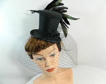 Tophat black Minihat Fascinator Gothic Hat Burlesque Cocktail Derby Bibi Chapeau black Victorian Steampunk Bridal Hat Church Wedding