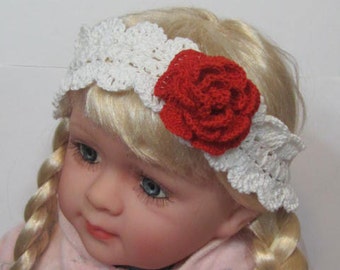 Crochet Baby Girl Headband Crochet Red Flower Headband Red Rose White Headband with Flower Toddler Girl Flower Headband Valentine's Day Gift