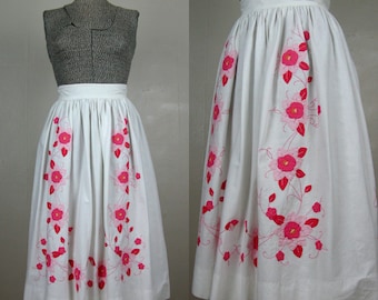 Vintage Cotton Skirt 80s/90s White Cotton Full Skirt with Pink Flower Applique 1950s Style Size S