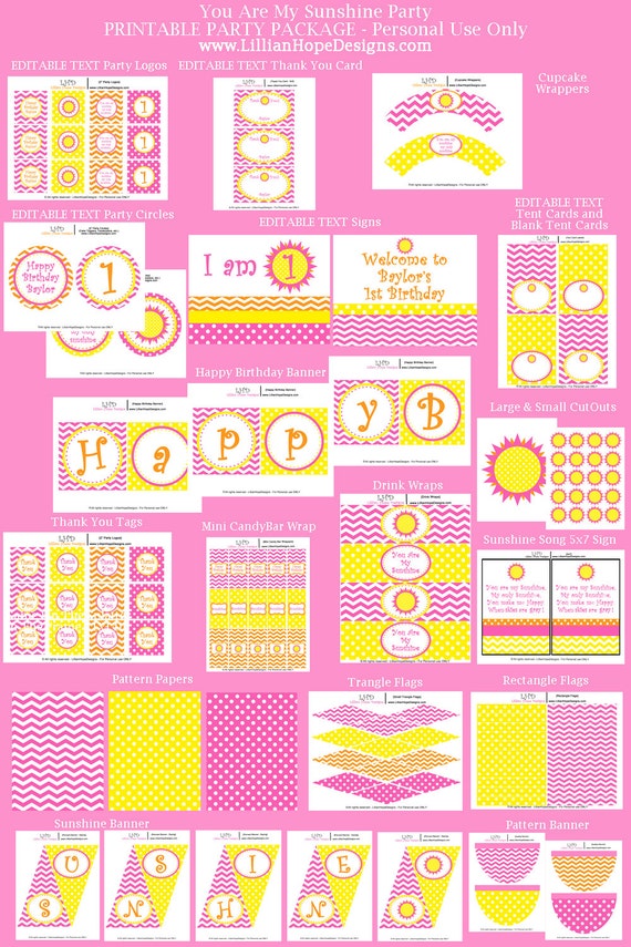 You Are My Sunshine Birthday Party - PRINTABLE Instant Download Package ...