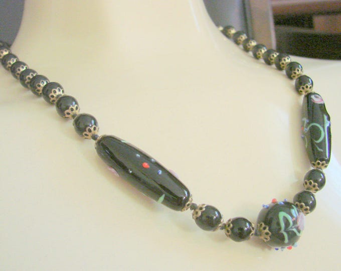 Venetian Black Art Glass Wedding Cake Bead Necklace / Filigree / Italian / Vintage Jewelry / Jewellery