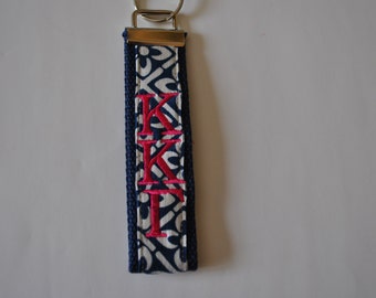 Kappa Kappa Gamma Keychain-Navy/White Preppy Corduroy Fabric Navy Webbing/Hot Pink Monogram KeyFob Wristlet(OFFICIAL LICENSED PRODUCT)