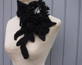 Crochet scarf, black scarf, leaf scarf, soft scarf, flower scarf, winter scarf, women scarf, scarves, handmade scarf, gift scarf, circle