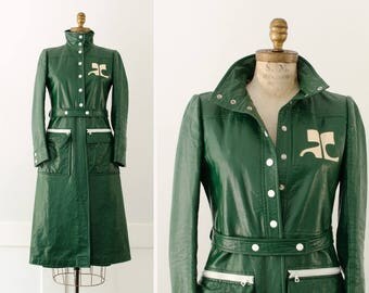 Rare Vintage Andre Courreges Paris Green Vinyl Trench Coat with Oversized Logo - Made in France