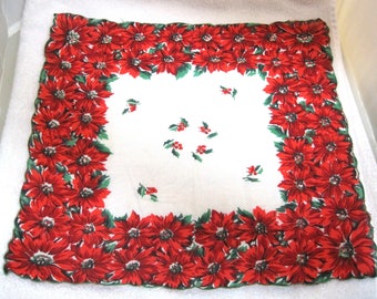 Vintage Christmas Hankie Thick Band of Poinsettias Holly Studded Center