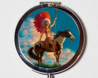 Art Deco Native American Compact Mirror - Horse Indian Roaring 20s Jazz Age Flapper - Make Up Pocket Mirror for Cosmetics