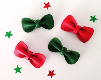 Lot de 2 jolies Broches Noeud Papillon "Bowtie 7 / Bowtie 15", Bords Arrondis, Cuir Véritable, Fait Main, Couleur Rouge Fraise et Vert Sapin